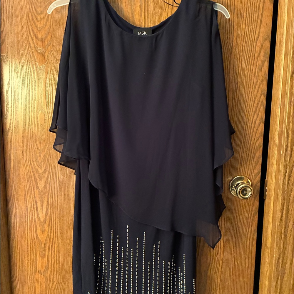MSK Navy Asymmetrical Dress with Rhinestone Accents
